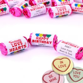100 PERSONALISED RED LOVE HEART SWEETS LABELS WEDDING FAVOUR ANNIVERSARY PARTY 